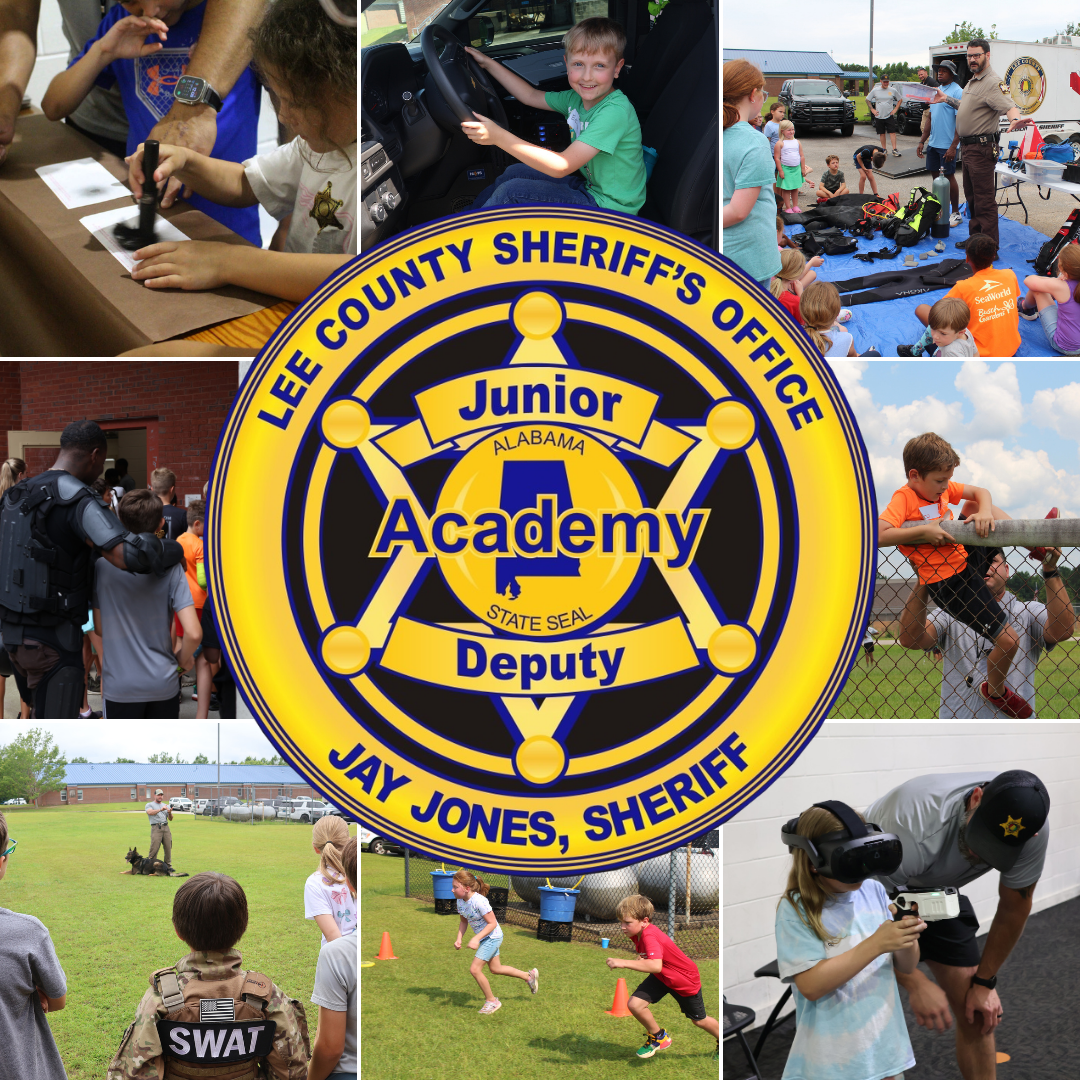 Junior Deputy Academy emblem surrounded by photos of campers and deputies