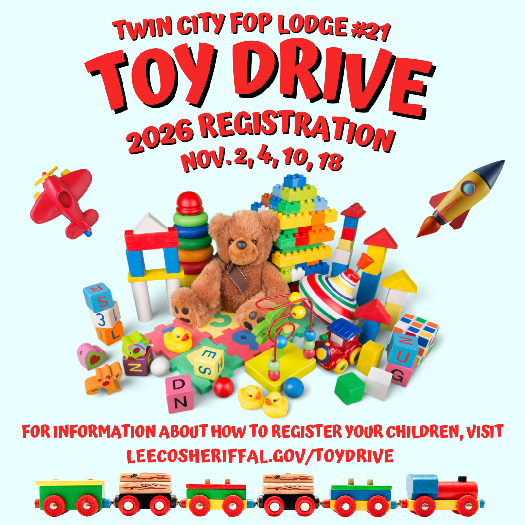 Colorful Twin City FOP Lodge #21 2026 toy drive poster with a teddy bear, building blocks, toy train, and planes; message inviting registration Nov. 2, 4, 10, & 18