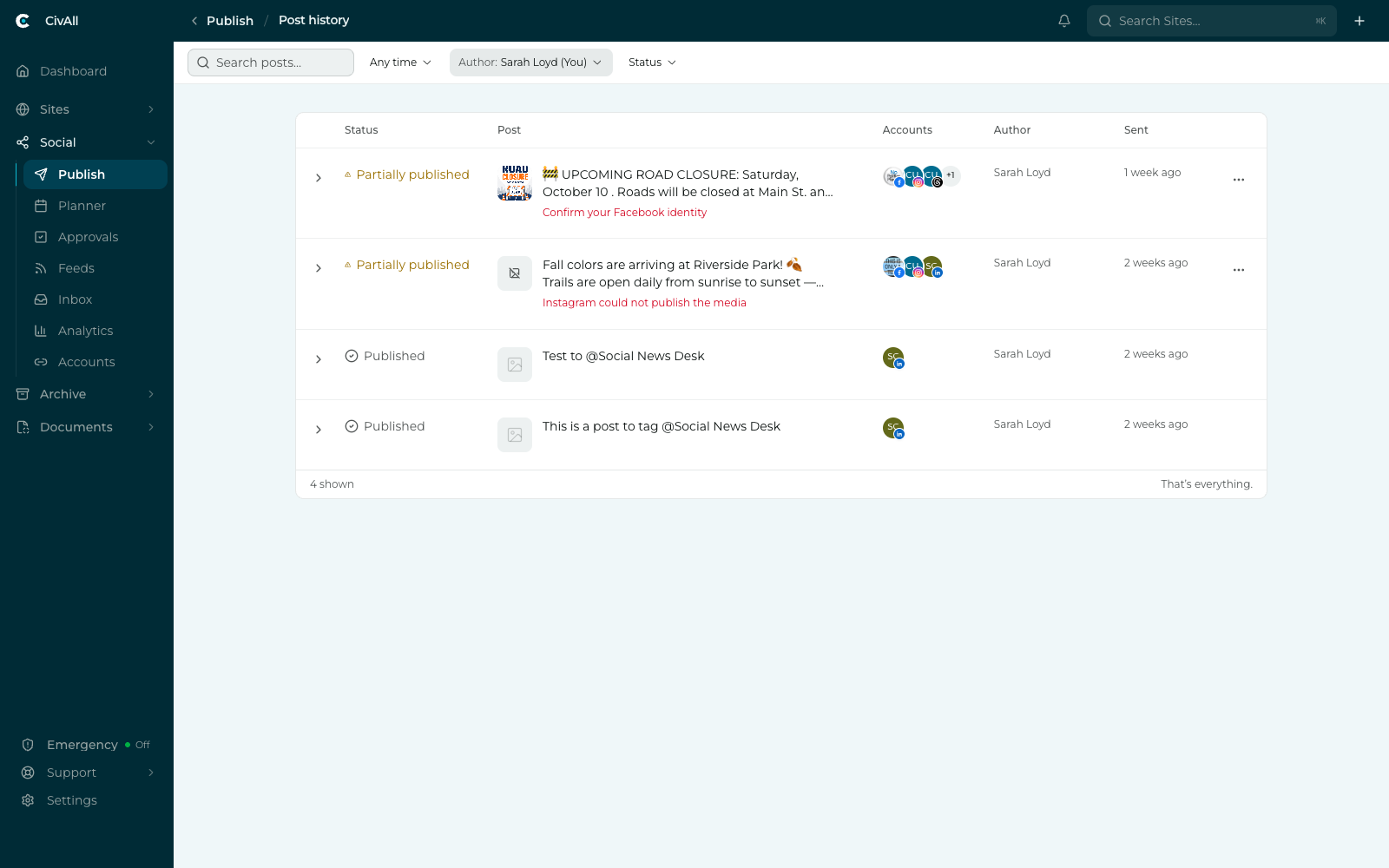 The Post history screen listing published, failed, and partially published posts in reverse chronological order with search, date, author, and status filters.
