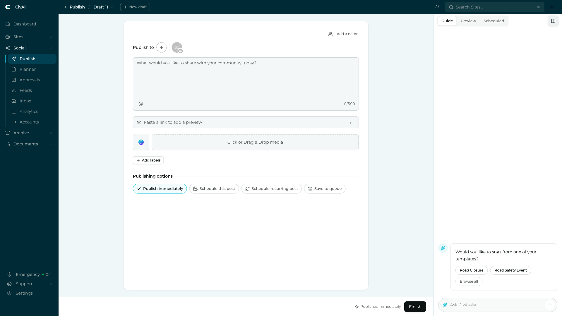 The CivAll composer: the Publish to row with one account selected, the post text box, the link and media areas, Add labels, and the four publishing options