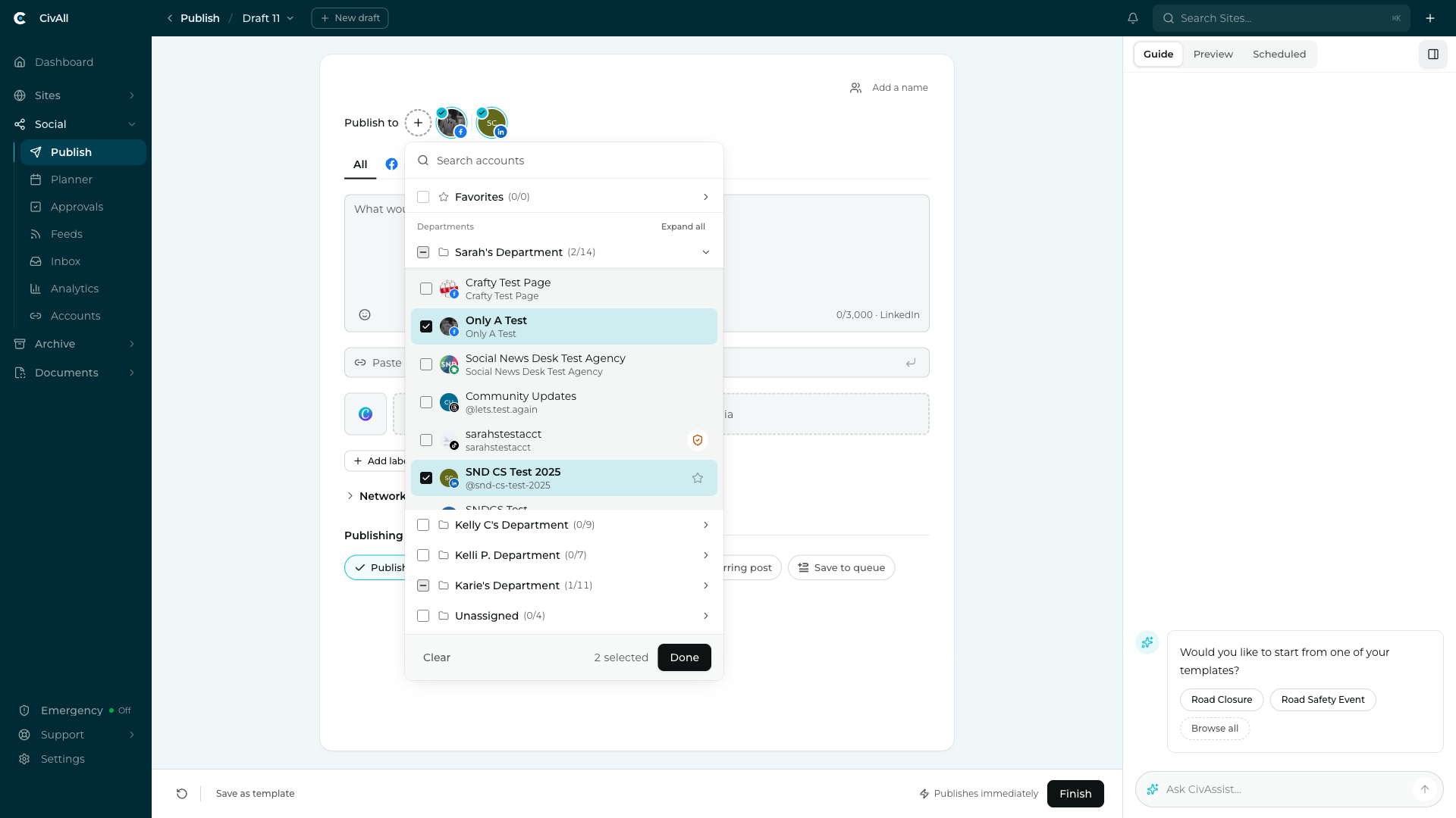 The account picker open below Publish to, with accounts grouped by department, two accounts checked, and a Done button