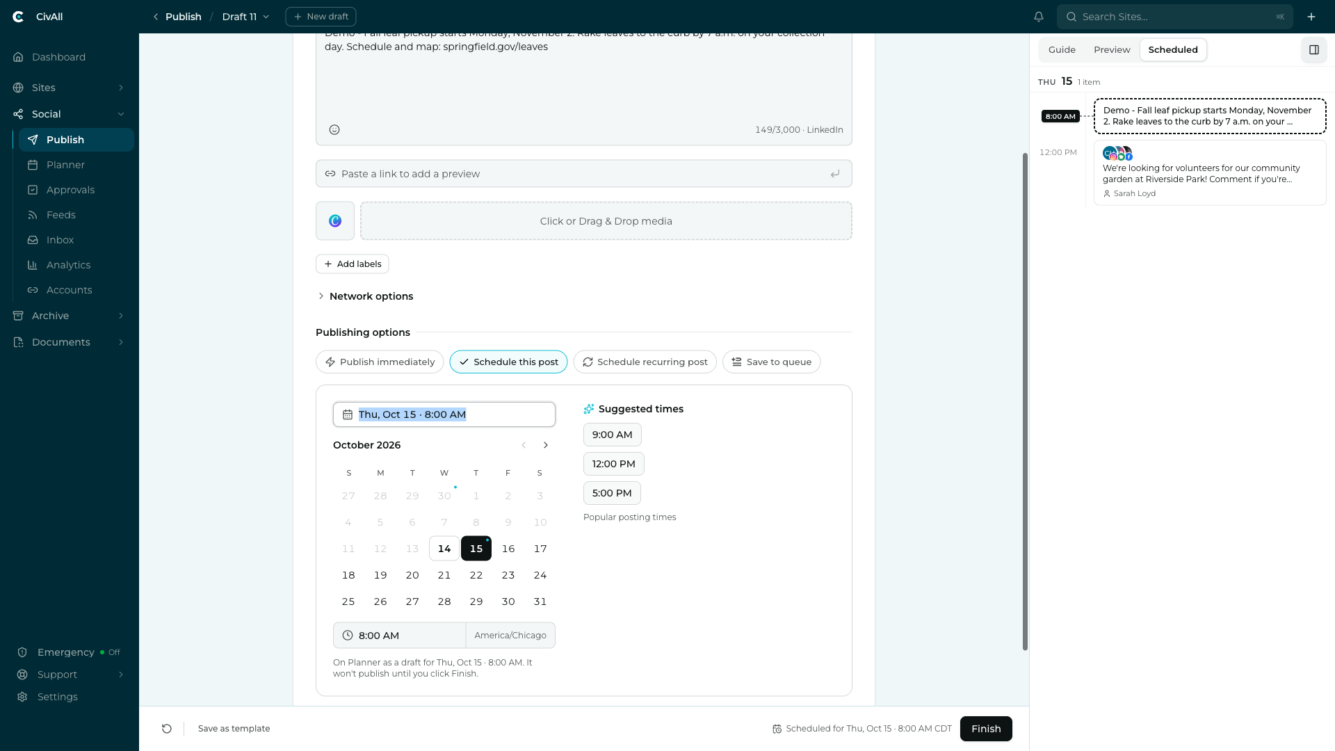 Publishing options with Schedule this post selected, a date and time picker, suggested times, and the Finish button at the bottom