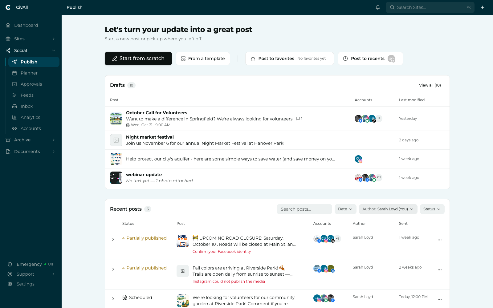 The CivAll Publish dashboard showing the greeting, four quick-start actions, a Drafts table, and a Recent posts table with status badges.