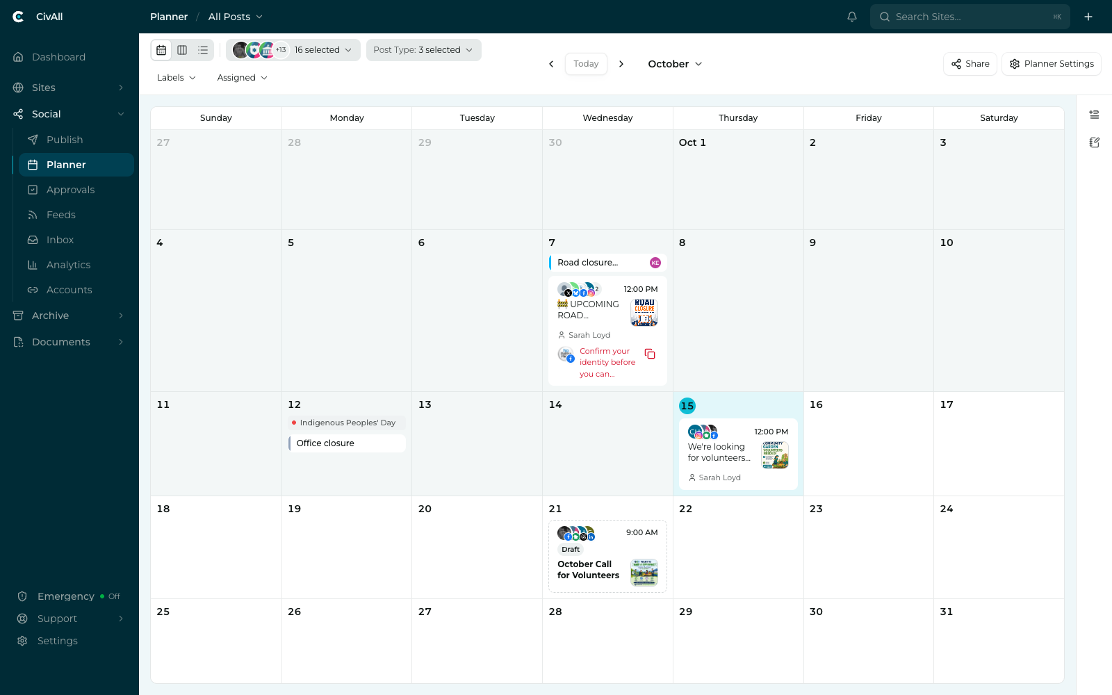 The CivAll Planner month calendar with scheduled post cards showing account avatars, times, thumbnails, and recurrence icons, plus view toggles and account, post type, and label filters.