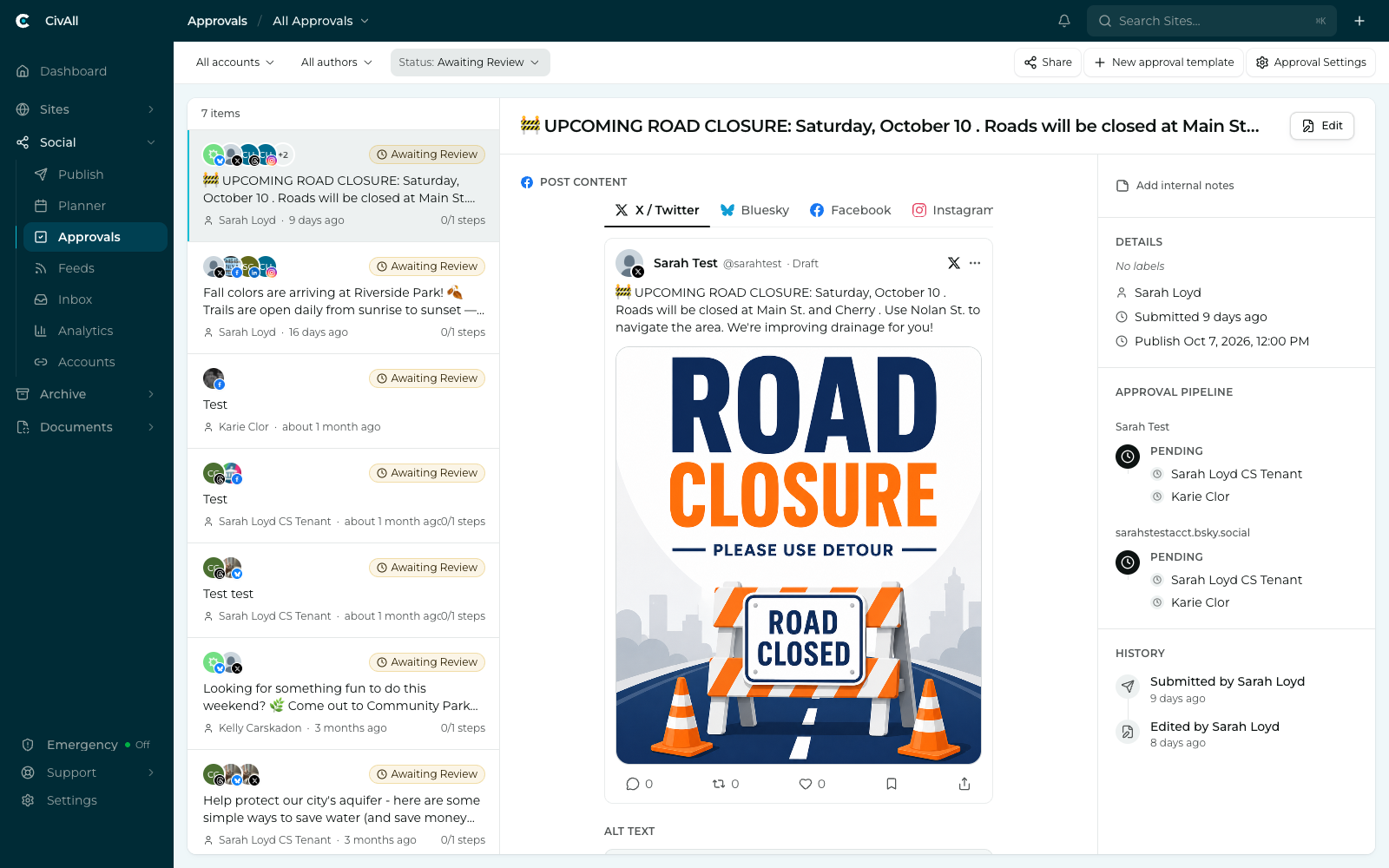 The CivAll Approvals screen: a list of items awaiting review on the left, the rendered post in the center, and Details, Approval pipeline, and History panels on the right.