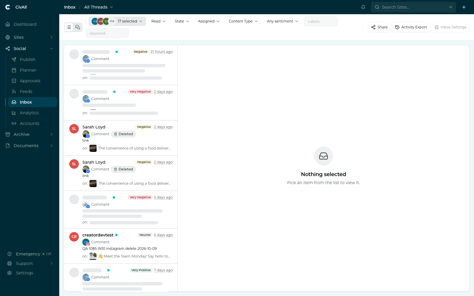The CivAll Inbox listing comments and direct messages with author, sentiment labels such as Positive and Very Positive, relative timestamps, and the post each one is on.