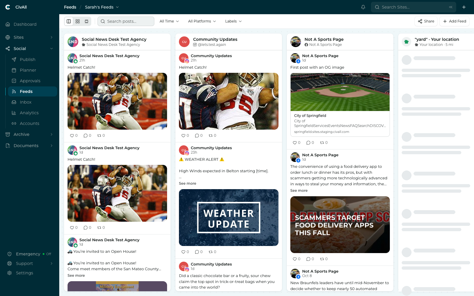 The CivAll Feeds board in Columns layout with several side-by-side feed columns of social posts, and a header with layout toggles, search, time and platform filters, and Add Feed.