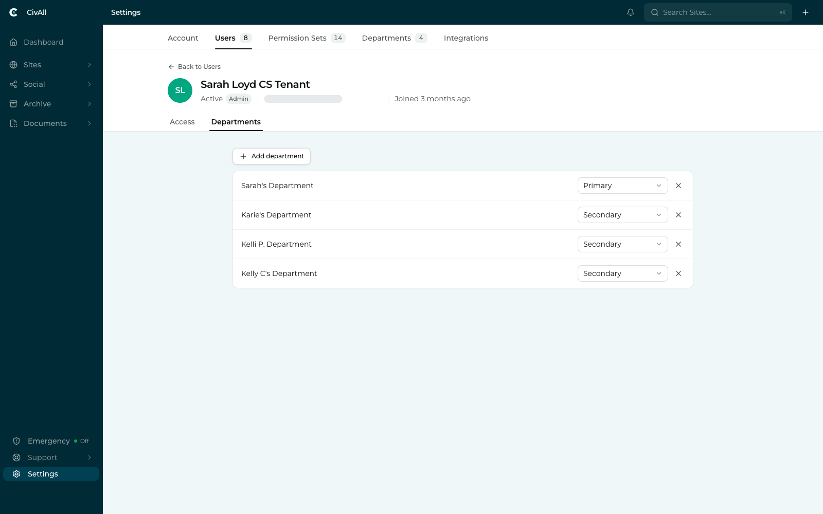 A user’s departments. Someone can belong to several, marked Primary or Secondary in each. A user's Departments tab listing Karie's Department as Primary and Sarah's Department as Secondary, with an Add department button.