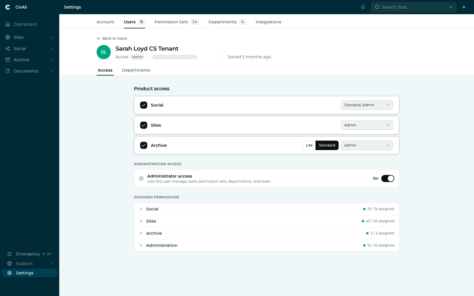 A user's Access tab showing Product access rows for Social set to Admin, Sites with no set selected, and Archive with a Lite/Standard seat toggle; below, an Administrator access switch and per-product assigned permission counts.