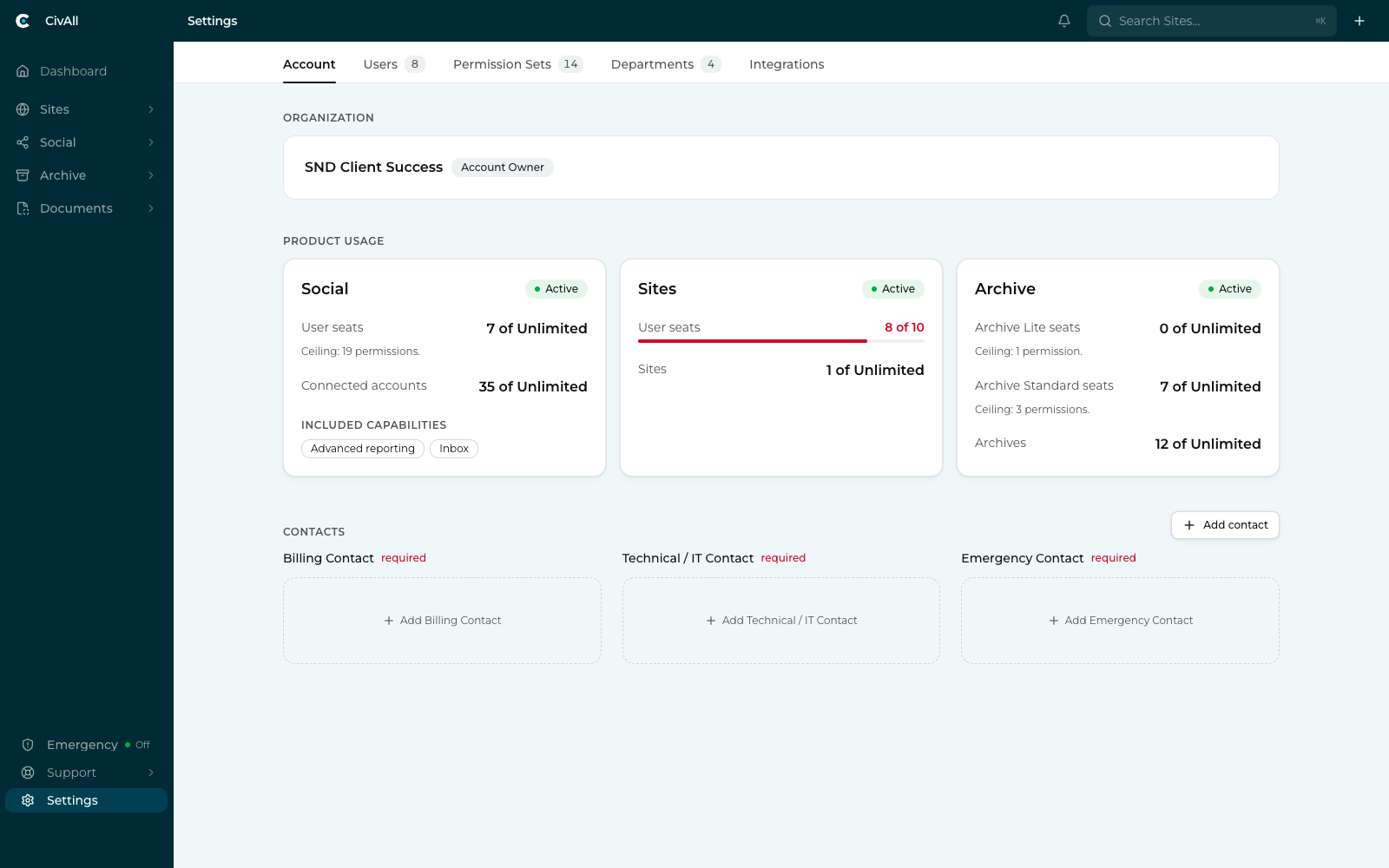 The Account tab in CivAll Settings showing product usage cards for Social, Sites, and Archive with seat counts and included capabilities, above required billing, technical, and emergency contacts.